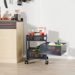 2+1 Layer Kitchen Storage Rack with Wheels | Square Shape - Dark Grey Iron Kitchen Trolley-image-46