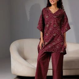Libas Burgundy Cotton Ethnic Motifs Pyjama Sets-image-1