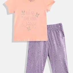 Sweet Dreams Girls Peach & Purple Printed T-Shirt with Capri-image-80