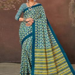 Satrani Blue Pure Cotton Printed Saree With Unstitched Blouse-picture-43
