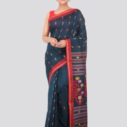 Pinkloom Navy Blue Pure Cotton Embroidered Saree With Blouse-image-33