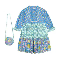 Budding Bees Kids Blue & Yellow Cotton Printed Dress with Handbag-picture-20