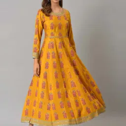 W Mustard Printed A-Line Dress-image-65