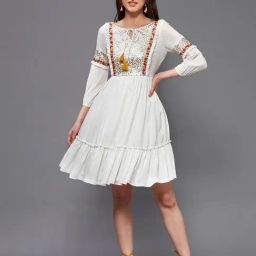 Miss Chase Off White Embellished Gathered Fit & Flare Dress-image-82