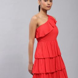 Label Ritu Kumar Red Viscose Solid Fit & Flare Short Dress image 5