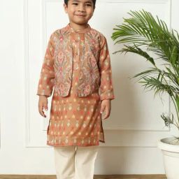 READIPRINT FASHIONS Kids Brown & Cream Printed Full Sleeves Kurta, Pyjamas with Attached Jacket-image-74