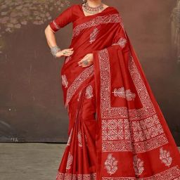 Satrani Red Pure Cotton Printed Saree With Unstitched Blouse-image-16