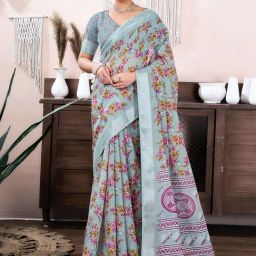 Satrani Grey Cotton Linen Floral Saree With Unstitched Blouse-image-20