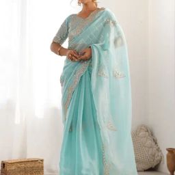 Satrani Blue Organza Embroidered Saree With Unstitched Blouse-image-4