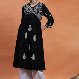 House Of Chikankari Black Rayon Straight Fit Chikankari Long Kurta-image-22