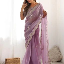 Satrani Purple Organza Embroidered Saree With Unstitched Blouse-image-99
