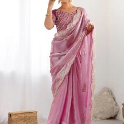 Satrani Pink Organza Embroidered Saree With Unstitched Blouse-image-31