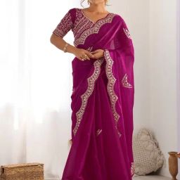 Satrani Pink Organza Embroidered Saree With Unstitched Blouse-image-49