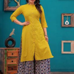 Meeranshi Mustard Cotton Solid Three-Quarter Sleeves Kurti-image-6