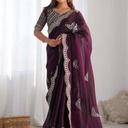 Satrani Wine Organza Embroidered Saree With Unstitched Blouse-image-1