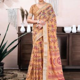 Satrani Multi Cotton Linen Floral Saree With Unstitched Blouse-image-15