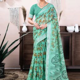 Satrani Green Cotton Linen Floral Saree With Unstitched Blouse-picture-23