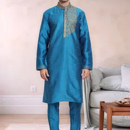 Moda Rapido Floral Yoke Design Mandarin Collar Thread Work Art Silk Kurta With Pyjamas-image-84