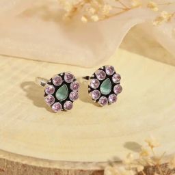 Saraf RS Jewellery Silver Oxidized Pink AD Studded Floral Toe Rings - Set of 2-16