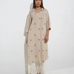 Utsa by Westside Beige Leaf Embroidered A-Line Cotton Kurta-picture-24
