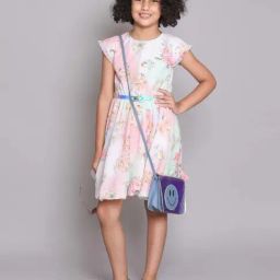 The Magic Wand Kids Peach & Blue Floral Print Dress-picture-26