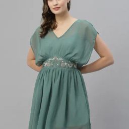 KASSUALLY Sea Green Embellished Fit & Flare Dress-image-22