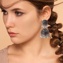 HOPMEE Silver-Plated Artificial Beaded Dome Shaped Oxidised Jhumkas-23