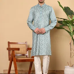 MULTI SHADES Geometric Mandarin Collar Viscose Silk Straight Kurta With Pyjamas-picture-58