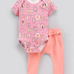 Bonfino Half Sleeves Cotton Onesies With Leggings Kitty Print - Pink-image-21