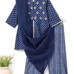 Babyhug 100% Cotton Full Sleeves Kurti & Palazzo With Dupatta Floral Print & Embroidery- Indigo-image-94