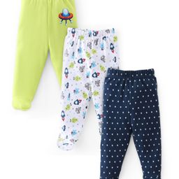 Babyhug Cotton Knit Space Ships & Stars Printed Bootie Pants Pack of 3- Multicolour-image-36