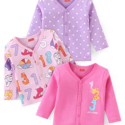 Babyhug 100% Cotton Full Sleeves Front Open Vest Numbers Printed Pack of 3 - Pink & Purple-image-2