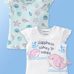 Babyoye Eco Conscious Cotton Knit Cap Sleeves T-Shirt with Frill Detailing Sea Life Theme Print Pack of 2 - Blue & Cream-image-89
