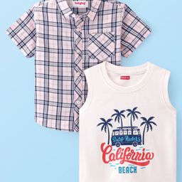 Babyhug Cotton Woven Half Sleeves Regular Collar Checked Shirt & California Print T-Shirt - Pink-image-68