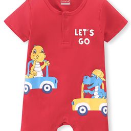 Babyhug 100% Cotton Knit Interlock Half Sleeves Romper With Dino Print - Red-image-76