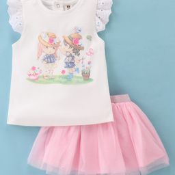 ToffyHouse 100% Cotton Knit Flutter  Sleeves Top And Skirts Set With Graphics - Powder Pink-picture-44