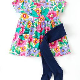 Babyhug Single Jersey Cotton Knit Half Sleeves Floral Print Frock With Leggings - Multicolour-image-54