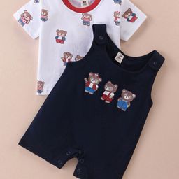 Toffyhouse Cotton Knit Half Sleeves Dungaree Style Romper With Inner Tee Has Teddy Bear Print & Embroidery - Blue-12