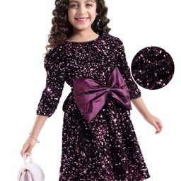 Hola Bonita Full  Sleeves Velvet Sequined Party Frock with Bow Applique - Pink-image-66