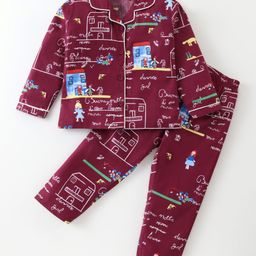 Doreme Cotton Woven Full Sleeves Front Open Text Print Night Suit -Navy Blue-picture-3