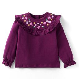 Babyhug Cotton Knit Full Sleeves Top With Floral Embroidery & Frill Detailing - Purple-image-87