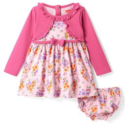 Babyhug Single Jersey Knit Full Sleeves Frock With Attached Shrug Floral Print & Bloomer - Pink-image-20