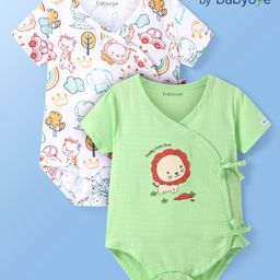 Babyoye 100% Cotton Woven Half Sleeves Onesies With Animal Print & Eco Jiva Finish Pack of 2 - Green & White-image-92