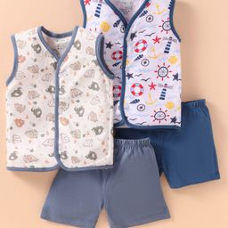 OHMS Single Jersey Knit Sleeveless Elephant & Nautical Theme Printed Shorts Night Suits Pack of 2 - Grey & Blue-image-33