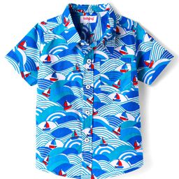 Babyhug Cotton Woven Half Sleeves Shirt with Boat Print - Blue-image-52