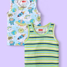 Babyhug 100% Cotton Knit Sleeveless Sando with Stripes & Space Print Pack of 2 -Light Blue & Green-picture-29