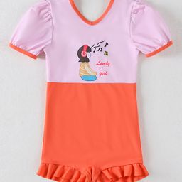 Mark & Mia Half Sleeves V Cut Swimsuit With Girl Print - Peach-image-35