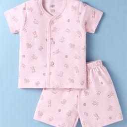 Zero Interlock Knit Half Sleeves Shorts Nightsuit with Bear Print - Light Pink-image-76