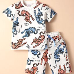 WOW Clothes Sinker Knit Half Sleeves Co-ord Shorts Night Suit With Tiger Print - Blue-image-43