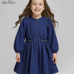 Arias Structure Knit Full Sleeves Textured Dress with Front Zipper & Lurex Elasticated Waistband - Navy Blue-image-20